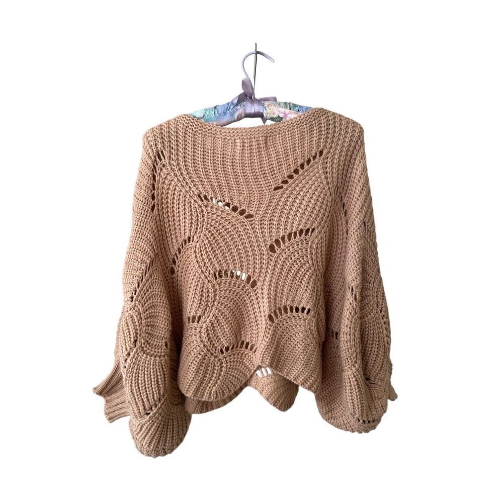 Anthropologie Elodie Cropped Scalloped Hem Open Knit Bat Wing Pullover Sweater - Picture 2 of 7